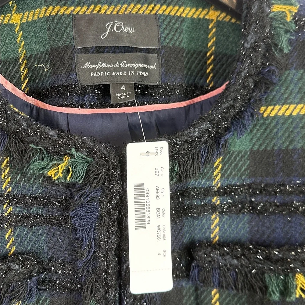 J. Crew lady jacket in lurex plaid tweed fringe blazer jacket size 4 NWT - Picture 3 of 9